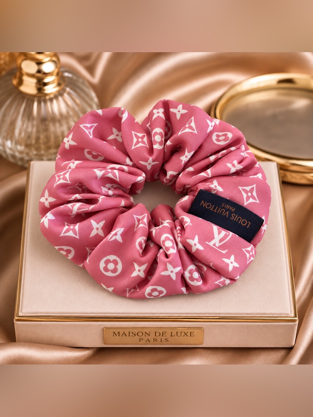 Pink and White LV Monogram Hair Scrunchie